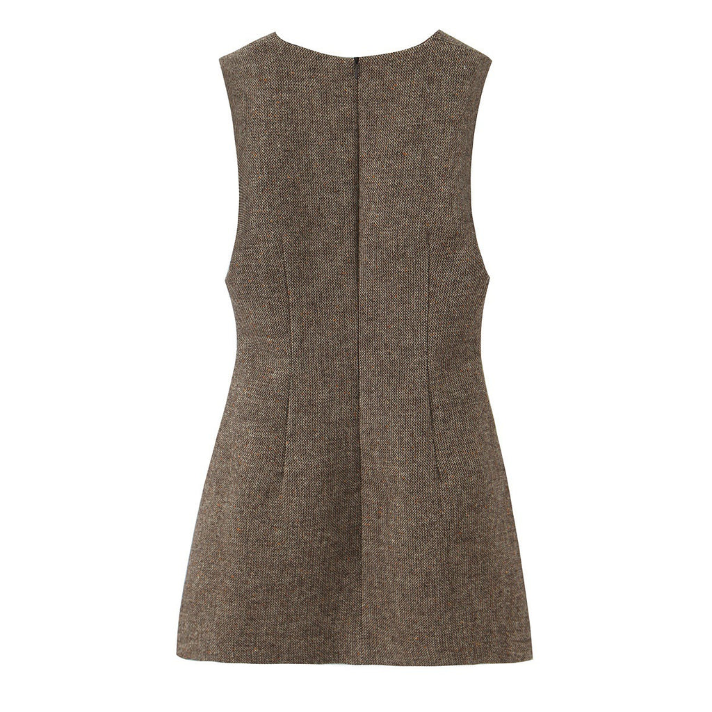 New Winter Sleeveless Deep V-Neck Wool Mini Dress