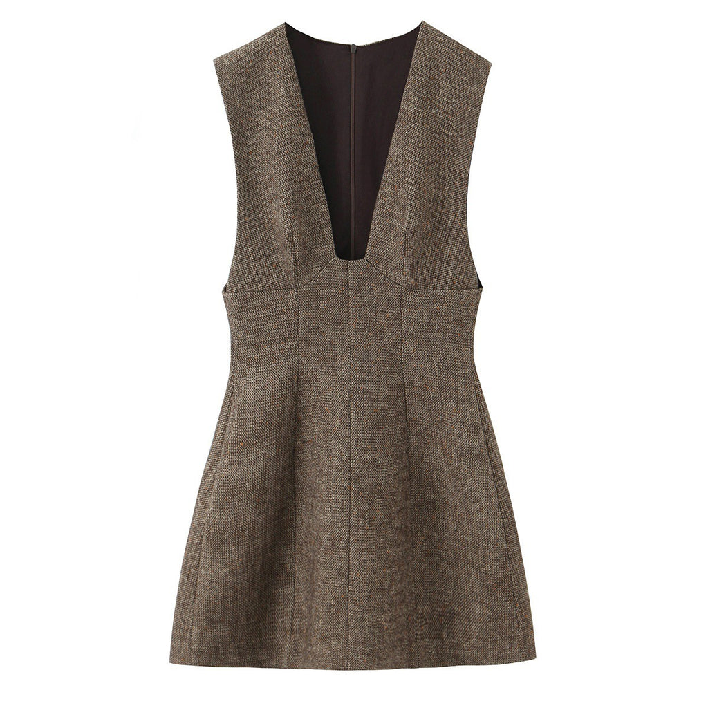 New Winter Sleeveless Deep V-Neck Wool Mini Dress